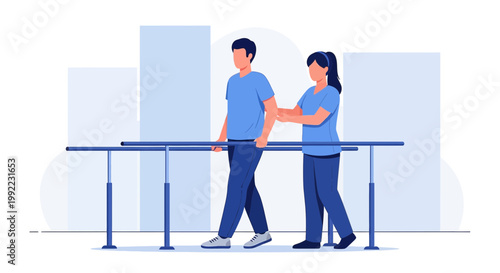 Physical therapy patient walking with parallel bars and therapist support