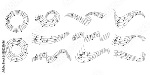 Musical Composition Elements: A collection of musical notes and staves, forming dynamic and visually engaging musical compositions. Perfect for illustrating music theory, creative projects