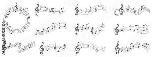 Music notes wave. Flowing musical staff lines with notes, clefs and melody rhythm patterns in dynamic circular, spiral and wavy shapes. Elegant swirling compositions for music posters. Vector set 