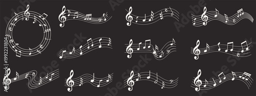 Musical notes on wavy staff lines flowing across white background featuring treble clef and various melody symbols for creative audio design