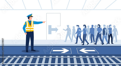 Police officer directing passengers at train station, safety and order