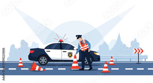 Police Officer Directing Traffic Around Accident Scene with Cones and Patrol Car