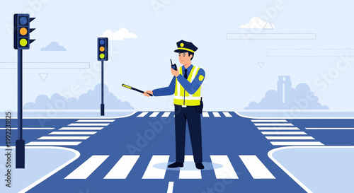 Police Officer Directing Traffic at Crosswalk with Traffic Lights