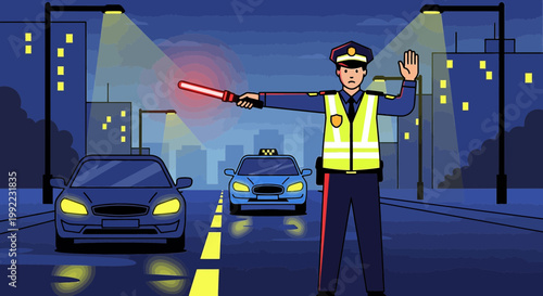 Police Officer Directing Traffic at Night with Red Light Stick, City Street