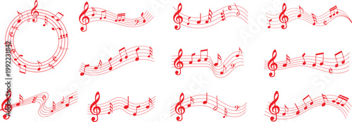 Musical notes on wavy staff lines flowing across white background featuring treble clef and various melody symbols for creative audio design