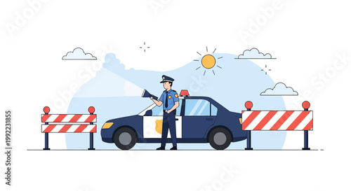 Police Officer Directing Traffic at Roadblock with Police Car and Barriers