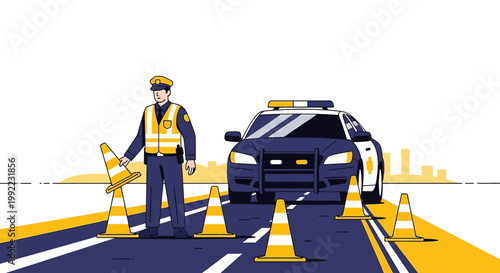 Police Officer Directing Traffic at Roadblock with Patrol Car and Cones
