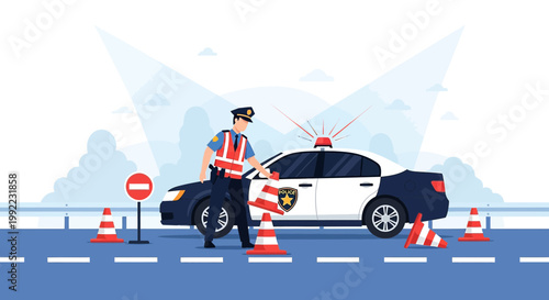 Police Officer Directing Traffic at Roadblock with Patrol Car and Cones