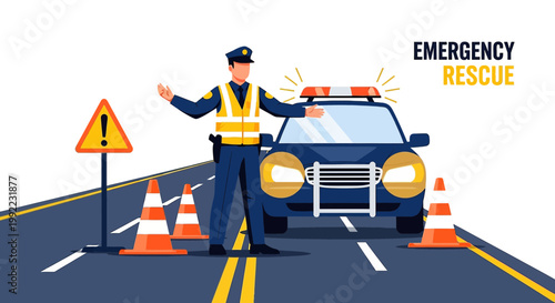 Police Officer Directing Traffic Near Emergency Vehicle and Road Cones