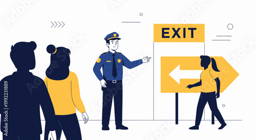 Police Officer Directs People Towards Exit Sign with Arrow