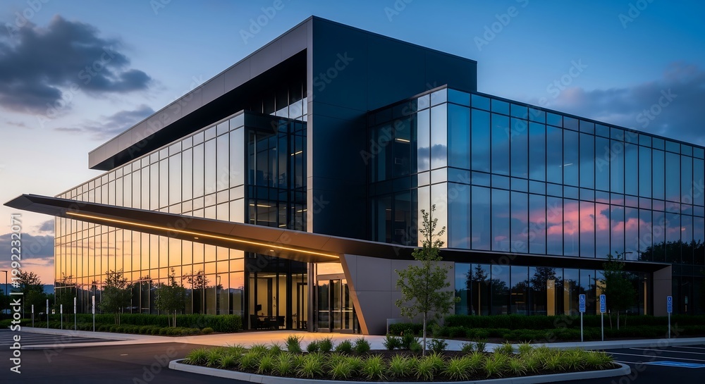 Fototapeta premium A sleek Modern building stands prominently in a serene landscape at dusk.