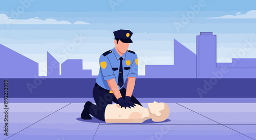 Police Officer Performs CPR on Mannequin, City Skyline Background, Emergency Training