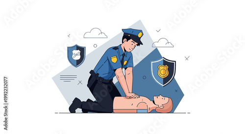 Police Officer Performs CPR on Person, Emergency Medical Aid, Safety Shield Icon