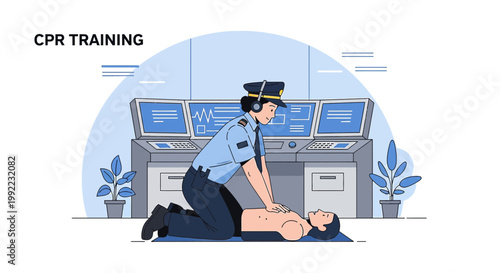 Police Officer Performs CPR Training on Manikin in Control Room