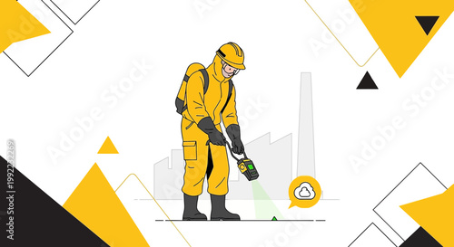 Professional Disinfection Worker in Hazmat Suit Spraying Disinfectant in Industrial Area