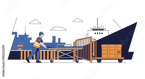 Port worker moves stretcher with cargo towards ship, logistics and transport concept