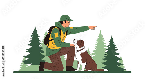 Ranger with Dog in Forest, Pointing Direction, Outdoor Adventure, Search and Rescue