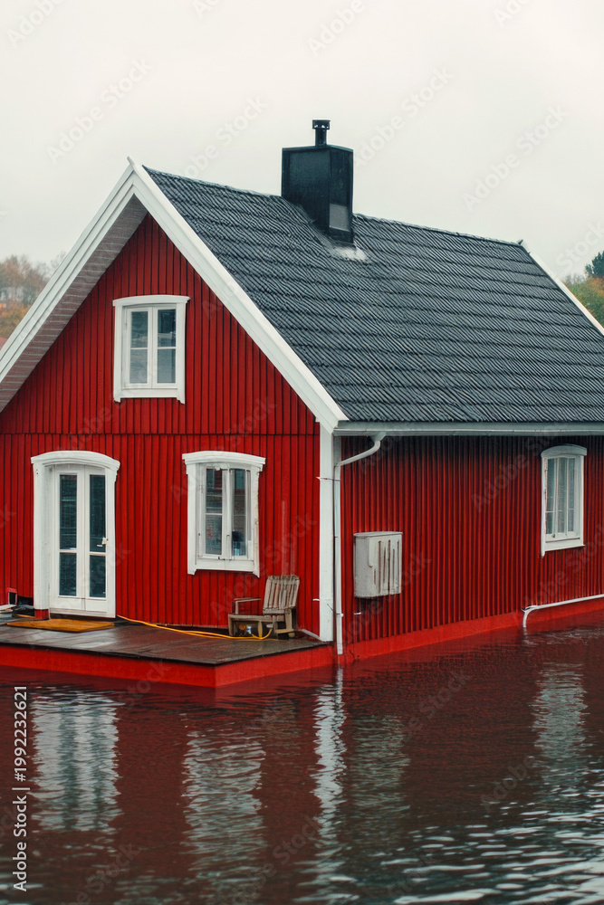 Fototapeta premium A small red house floating on calm waters of a lake, surrounded by greenery vertical frame