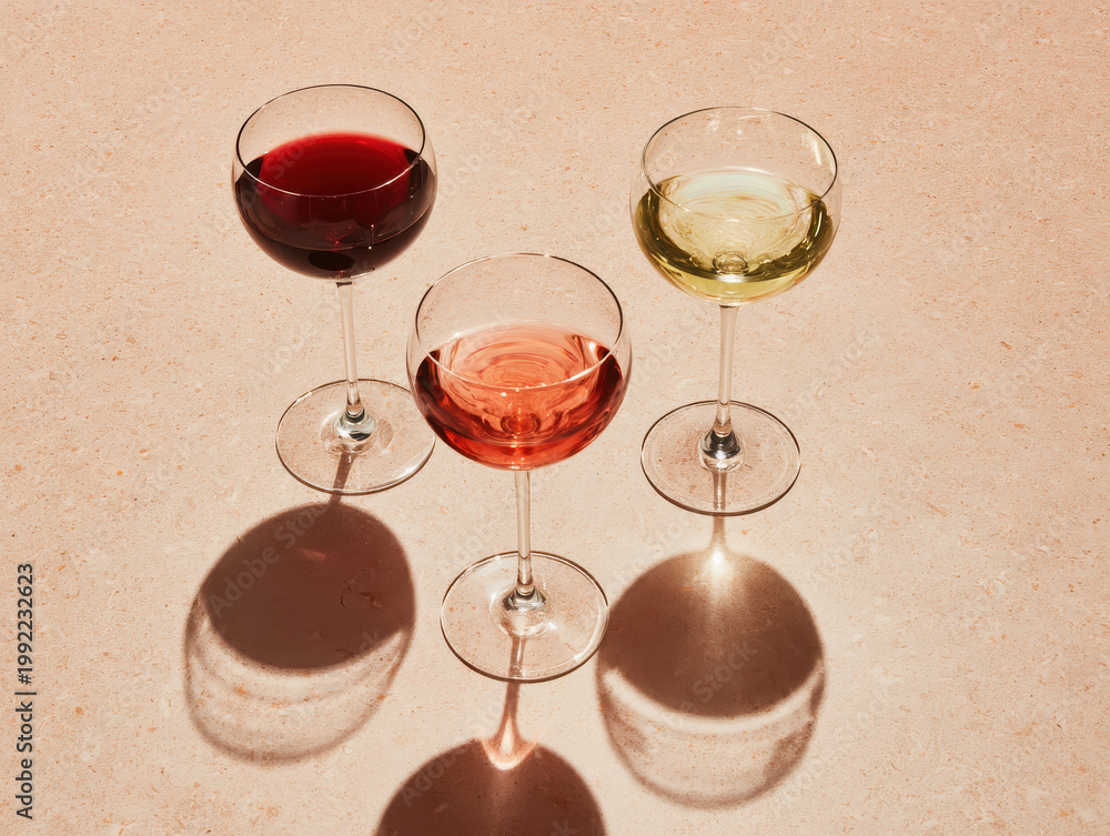 Naklejka premium Top-down view of three wine glasses containing red, rosé and white wine casting long dramatic shadows in natural sunlight