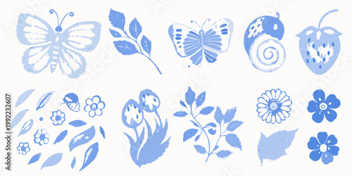 Delicate blue illustrations of butterflies flowers leaves and berries