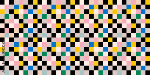 A colorful checkered pattern with varied block arrangements and hues