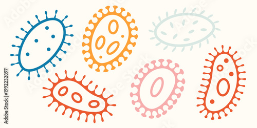 Colorful illustration depicting various stylized virus and bacteria shapes