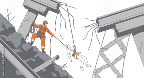Rescue worker saving person from collapsed building rubble, disaster scene