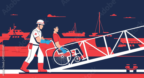 Rescuer helps disabled person in wheelchair up ramp with boats in background