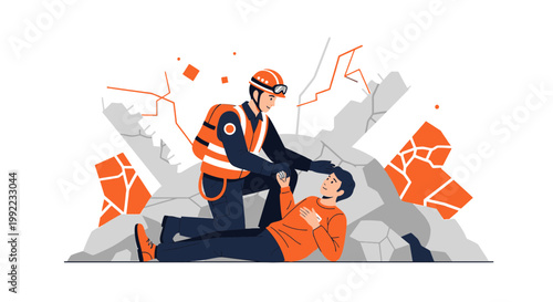 Rescuer Helping Injured Person Amidst Rubble, Disaster Relief and Support Concept