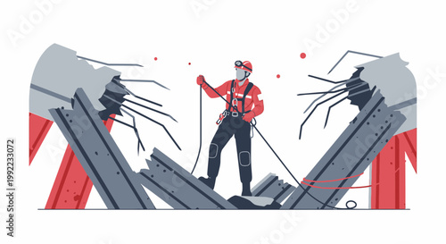 Rescuer in debris, earthquake survivor search, rescue operation, disaster relief, safety equipment