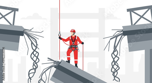 Rescuer in Harness at Damaged Bridge, Disaster Relief and Reconstruction
