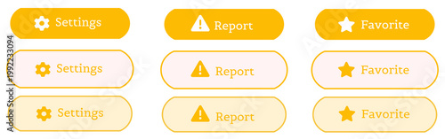 Minimal Yellow and White Alternating Rounded UI Button Set with Settings Report Favorite Icons, Clean Simple Interface Design,  Outline Styles, Easy to Use Web and Mobile UI Elements