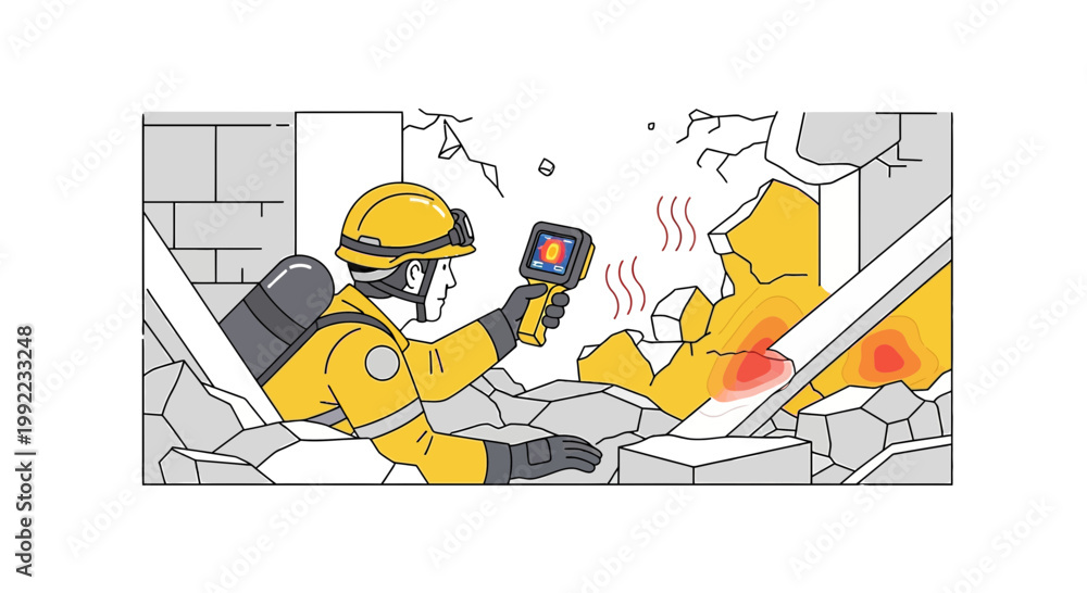 Fototapeta premium Rescuer with thermal imager searching for survivors in collapsed building rubble