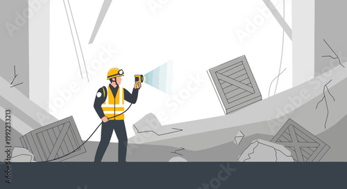 Rescuer with flashlight in destroyed building, search and rescue operation