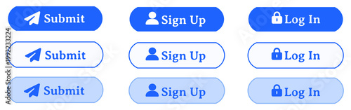 Blue and White Alternating Rounded UI Button Set with Submit Sign Up Log In Icons, Outline Styles, Web and Mobile Interface Elements Collection, Soft Clean Design, Isolated 