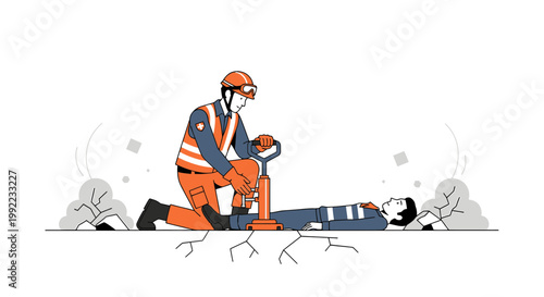 Rescuer uses jackhammer to free trapped person after earthquake, disaster rescue concept