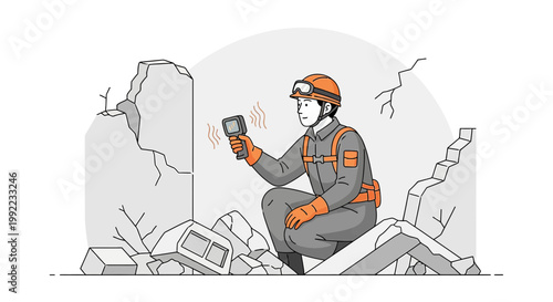 Rescuer with thermal camera searching for survivors in earthquake rubble, disaster relief
