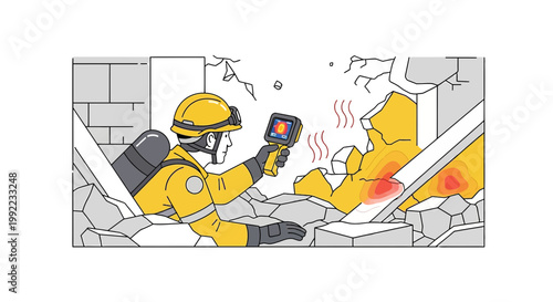 Rescuer with thermal imager searching for survivors in collapsed building rubble