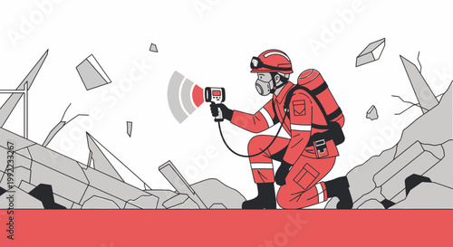 Rescuer with thermal imager searching for survivors in rubble after disaster, rescue operation