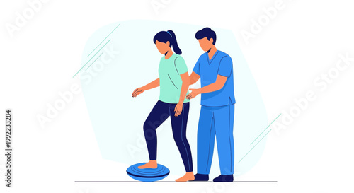 Physical therapist assisting patient with balance training on a wobble board
