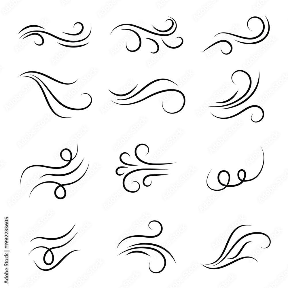 Fototapeta premium Set line icons of wind. Wind blowing line icon. Fresh air flow sign. Vector illustration isolated on white background. Free breath symbol. 