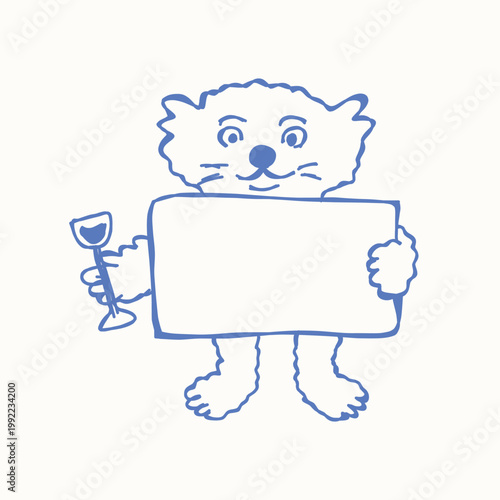 hand drawn cat holding blank sign cartoon character illustration