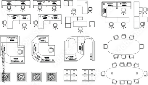 Modern office furniture layout illustration with desks, chairs, workstations, conference tables and cubicles organized in clean, professional workspace design