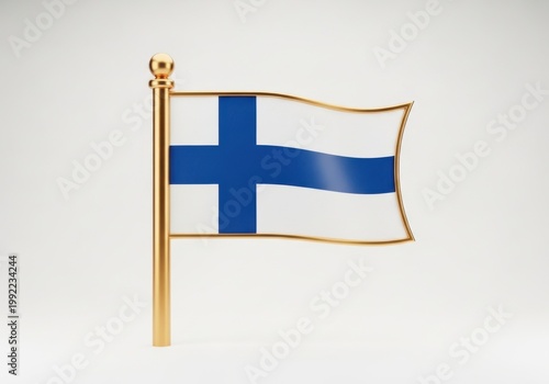 Flag of finland on a gold flagpole isolated on white background national symbol of finland, white field with a blue nordic cross