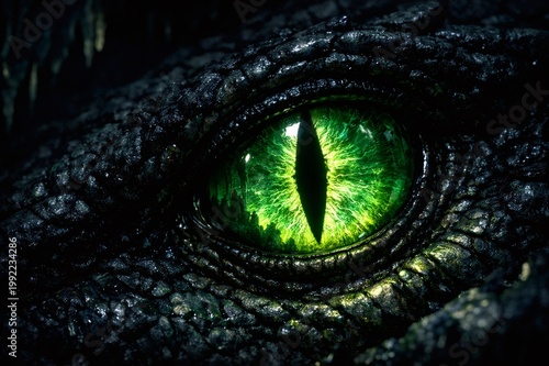 Reptilian eye with glowing emerald iris and vertical pupil, textured scales framing a fierce, ancient gaze that suggests mythical power, danger, and primeval mystery