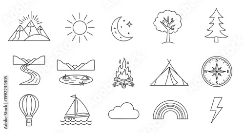 Black and white camping icons set.
