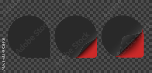 Vector set of black paper round stickers with red corner isolated. Realistic stickers curved with soft shadows on transparent background.