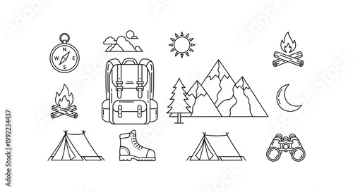 Camping gear and outdoor adventure icons.