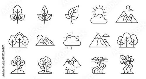 Various line icons of natural elements.
