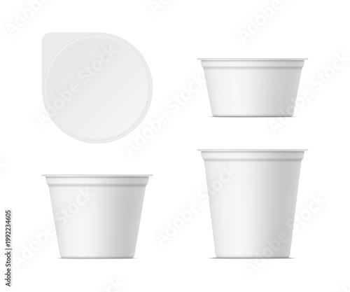 Set of plastic yogurt container with lid isolated on white background. Vector realistic yoghurt, ice cream or sour creme package mockup. Front and top view.